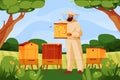 Beekeeper or apiarist, bee yard, vector banner