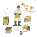 Beekeeper at the apiary keeps honeycombs. Cartoon flat vector illustration. Royalty Free Stock Photo