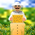 Beekeeper on apiary. A man in a white beekeeper suit works near a beehive. Sunny summer day on a flowering meadow.