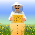 Beekeeper on apiary. A man in a white beekeeper suit works near a beehive. Sunny summer day on a flowering meadow.