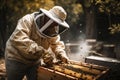 Beekeeper checking a beehive AI generated Royalty Free Stock Photo