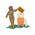 Beekeeper in clothes equipment takes wood honey frame