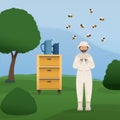 Beekeeper collects honey from bees. Beekeeper in a bee protection suit with a jar of honey.