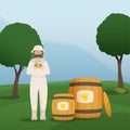 Beekeeper collects honey from bees. Beekeeper in a bee protection suit with a jar of honey.