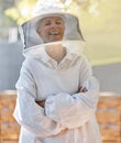 Beekeeper farmer and happy portrait of woman with cheerful smile in expert ppe and safety uniform. Happiness, pride and