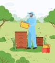 Beekeeper on the apiary. Beekeeping, honey. Bee Sting Protection blue uniform. Greenery background Royalty Free Stock Photo