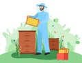 Beekeeper on the apiary. Beekeeping, honey. Bee Sting Protection uniform. Beehives with honeycombs Royalty Free Stock Photo