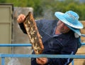 Beekeeper holding frame of honeycomb