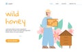 Beekeeper holding honeycomb near hive engage beekeeping a vector web banner.