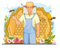 Beekeeper. Isolated on white background. Character in uniform and mesh protective hat. Bees, flowers and honeycombs