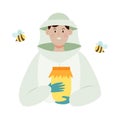 Beekeeper male character in a bee protection suit with a jar of honey. Flat vector illustration isolated Royalty Free Stock Photo