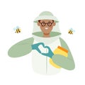 Beekeeper male character in a bee protection suit with a jar of honey. Flat vector illustration isolated Royalty Free Stock Photo