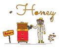 Beekeeper male character pick up honey in apiary, apiarist man person font text linear flat vector illustration