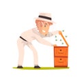 Beekeeper man hiver harvesting honey, apiculture and beekeeping concept vector Illustration