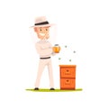 Beekeeper man with a jar of honey, apiculture and beekeeping concept vector Illustration