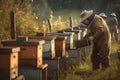 A beekeeper in protective gear collects honey from a hive