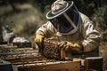 Beekeeper In Protective Gear Tending To Buzzing Beehive. Generative AI