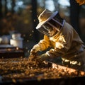 A beekeeper in a protective net near the apiary pumps out honey for sale. Extraction of bee products from the hive. Royalty Free Stock Photo