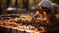 A beekeeper in a protective net near the apiary pumps out honey for sale. Extraction of bee products from the hive. Royalty Free Stock Photo