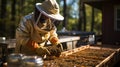 A beekeeper in a protective net near the apiary pumps out honey for sale. Extraction of bee products from the hive. Royalty Free Stock Photo