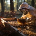 A beekeeper in a protective net near the apiary pumps out honey for sale. Extraction of bee products from the hive. Royalty Free Stock Photo