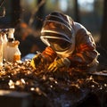 A beekeeper in a protective net near the apiary pumps out honey for sale. Extraction of bee products from the hive. Royalty Free Stock Photo