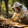 A beekeeper in a protective net near the apiary pumps out honey for sale. Extraction of bee products from the hive. Royalty Free Stock Photo