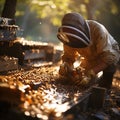 A beekeeper in a protective net near the apiary pumps out honey for sale. Extraction of bee products from the hive. Royalty Free Stock Photo