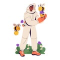 Beekeeper in protective suit gathers harvest at apiculture farm. Cute honeybees fly, carry honeycombs. Apiarist, bee