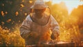 The beekeeper pulls out a frame with honey from the beehive. Apiarist in protective suit holds a honey cells with bees