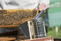 The beekeeperÃ¢â¬â¢s smoker emits white smoke, fumigates bees when inspecting the hive