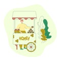 The beekeeper sells honey at the farmers market. Honey organic business production process. Isolated flat trendy cartoon modern