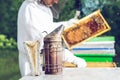 Beekeeper Smoker smokes white smoke. Beekeeper work at the apiary.