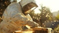Beekeeper tending to hives amidst flying bees. Apiarist inspects honeycombs in daylight. Concept of beekeeping