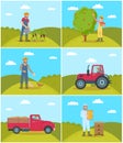 Beekeeper and Tractor on Field Vector Illustration
