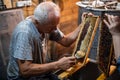 Beekeeper uncapping honey cells on the hive frames with a uncapping comb Royalty Free Stock Photo