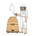 Beekeeper Using Smoker on Beehive Illustration Royalty Free Stock Photo