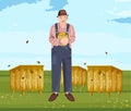 Beekeeper Vector illustration. Farmer eco products. Man holding a honey jars