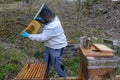 Beekeeper who is checking his honey production at Wolfenschissen on the Swiss alps