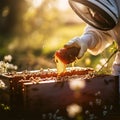 Beekeeper working with bees and extracting honey, soft lights generated by AI