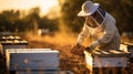 Beekeeper working with bees on honeycomb in apiary at sunset. Generative AI.