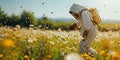 Beekeeper Working with Bees on a Meadow Banner Illustration