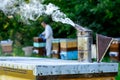 The beekeeper works on a beehive near the hives. Beetroot chimney. Concept of beekeeping.