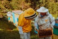 Beekeepers checking honey on the beehive frame in the field. Small business owners on apiary. Natural healthy food