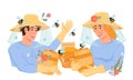 Beekeepers man and woman offer their honey products, flat vector illustration isolated.