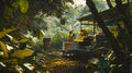 Beekeepers tending to hives in a sunlit meadow. Apiculturists at work in a blooming field. Family involved in beekeeping