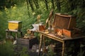 beekeepers tools near wild beehive in nature Royalty Free Stock Photo