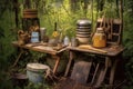 beekeepers tools near wild beehive in nature Royalty Free Stock Photo