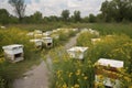 beekeeping apiary with rows of beehives surrounded by pollinator gardens