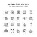 Beekeeping, apiculture flat line icons. Beekeeper equipment, honey processing, honeybee, beehives types natural products